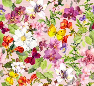 Summer flowers and butterflies. Seemless pattern. Watercolor