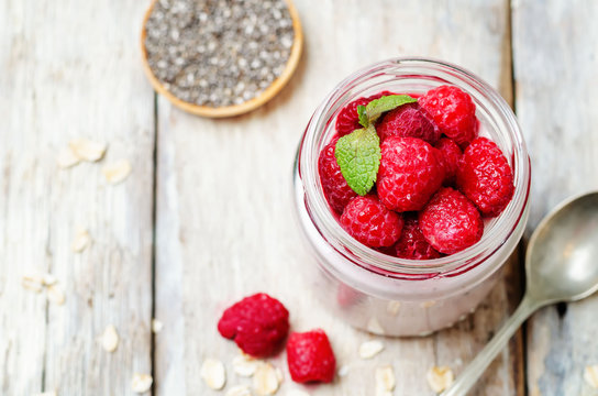 Raspberry Chia seeds overnight oats in a jar