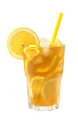 glass of ice tea with lemon on white background