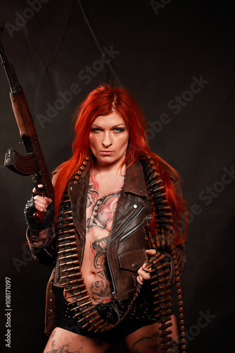 Redhead gun tattoo Parakeet in bikini