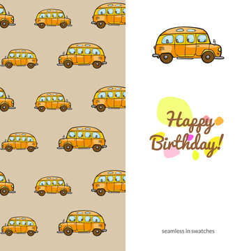 children's greeting card with the images of children's toys transport. sided with seamless pattern. funny color colorful cars