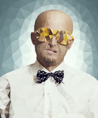 Vector polygonal illustration of bald man in fashion glasses and in white shirt with bow-tie