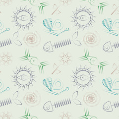 Seamless abstract vector pattern with fish skeleton, sun, eyes and butterfly.