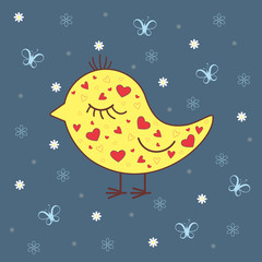 Vector illustration of yellow bird on background with butterflies and flowers