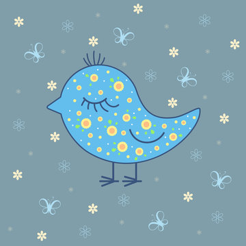 Vector illustration of blue bird on background with butterflies and flowers