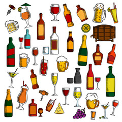 Alcohol drinks, cocktails with snacks sketch icon