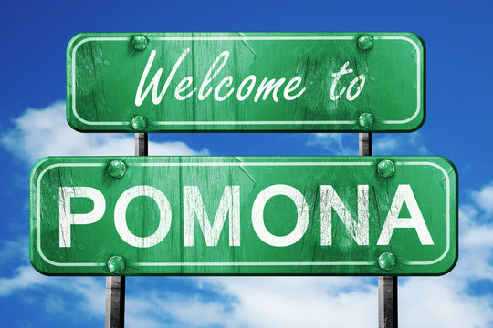 pomona vintage green road sign with blue sky background