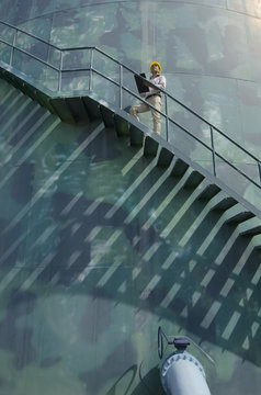Worker standing on silo staircase