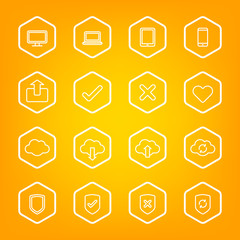 white line web icon set with hexagon frame for web design, user interface (UI), infographic and mobile application (apps)