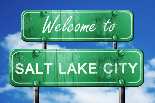 Salt Lake City Vintage Green Road Sign With Blue Sky Background