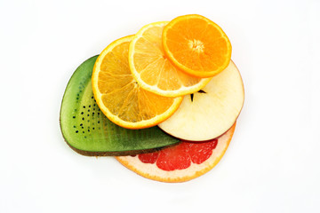 slicing different fruits on white background