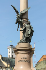 Adam Mickiewicz Monument in historic city center. Lviv, Ukraine