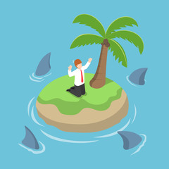 Isometric businessman stranded in an island surrounded by shark