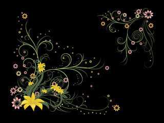 Curly pattern of flowers and petals on the black background