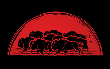 Group of buffalo running designed on sunrise background graphic vector - obrazy, fototapety, plakaty