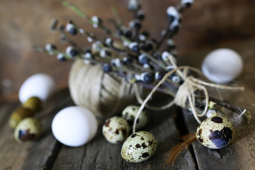 spring egg twig willow wood background