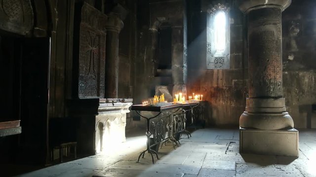 Armenian apostolic church. Light falling inside the Geghard monastery