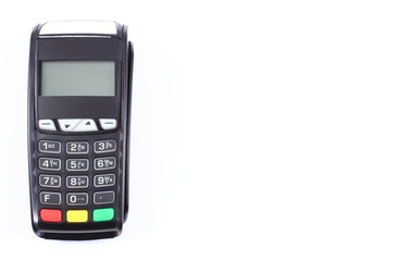 Payment terminal on white background, cashless paying for shopping, finance concept, copy space for text