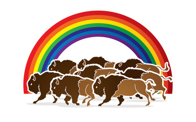 Group of buffalo running designed on line rainbows background graphic vector