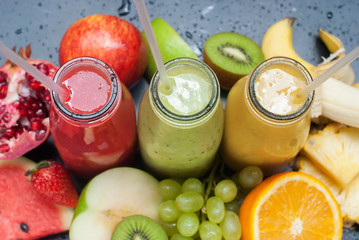 Smoothie Red Green Yellow Tropical Fruits Top View