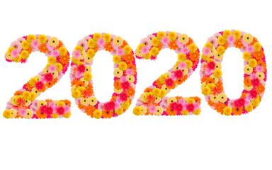 New year 2020 made from gerbera flowers isolated on white backgr
