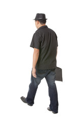 back view of a man holding bag