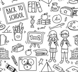 Back to school themed doodle seamless background