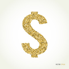  Gold glitter dollar sign on white background. 