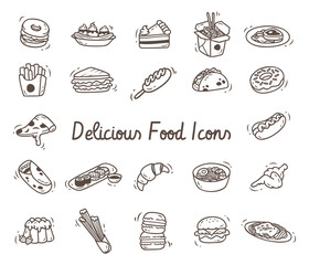 Set of delicious food icon in doodle style