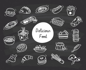 Set of delicious food doodle on chalk board background