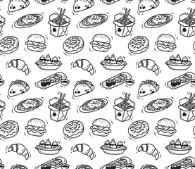 Various food doodle seamless background, restaurant background, various food in doodle style