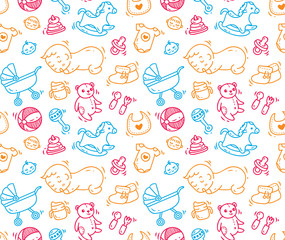 Baby toys and accessories seamless background