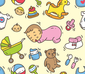 Baby toys and accessories seamless background