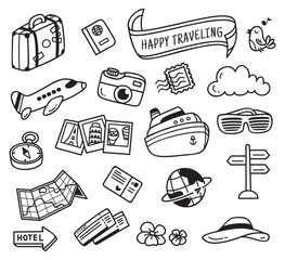 travel themed doodle isolated on white background