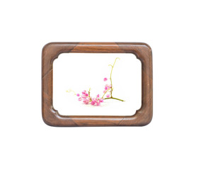 Wooden frame with pink flower isolated on white background