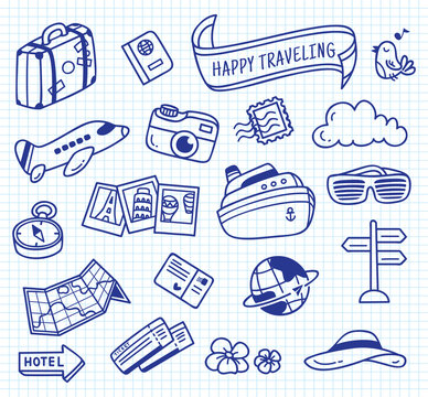 travel themed doodle on paper background