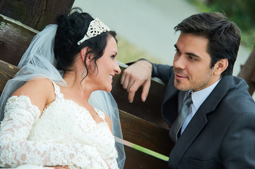 Outdoor happy and smiling wedding couple portrait