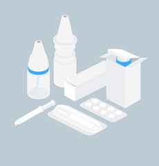 Pills tablets and medicines package isometric icons set vector illustration