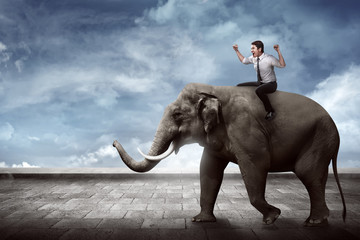 Asian business man riding elephant - Powered by Adobe