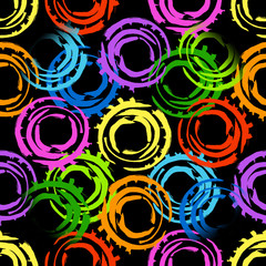 Abstract seamless pattern with big intersected painted circles. Bright colors on black background.