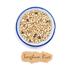 the organic sorghum rice in cup with name tag on white backgroun