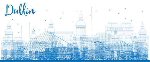Outline Dublin Skyline with Blue Buildings.