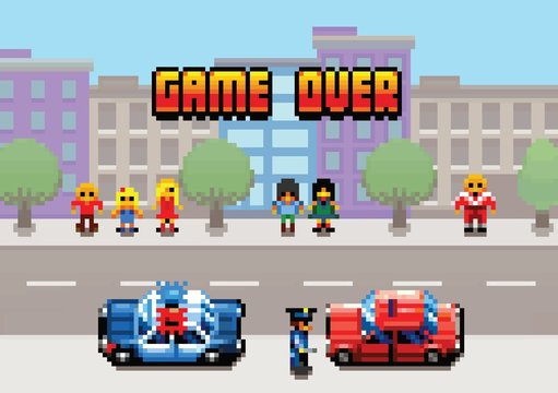 Game Over - car stopped by the police pixel art video game style layer illustration