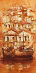 Boats on the island harbor,handmade painting