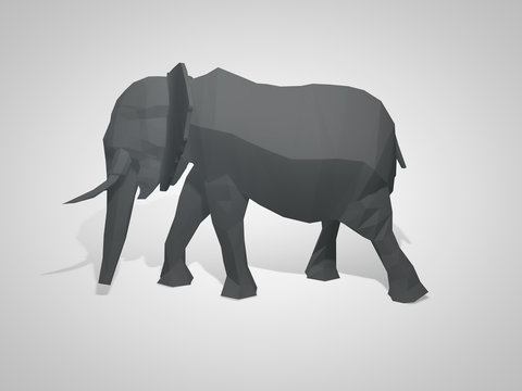 3D illustration of origami elephant. Polygonal elephant. Walking geometric style elephant side view.