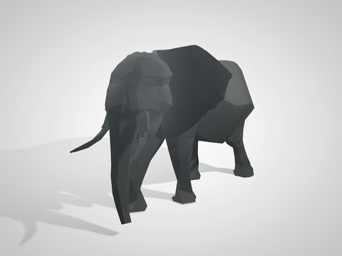 3D illustration of origami elephant. Polygonal elephant. Walking geometric style elephant side view.