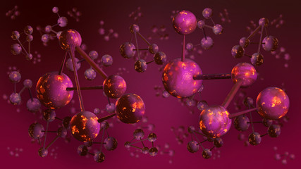 Abstract molecules and communication technology background with connected blue glowing spheres and lines on a dark background. Global network connection. 3D illustration.