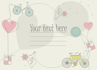 Perfect greeting card with bikes shillouettes, balloons, hearts - 108199026