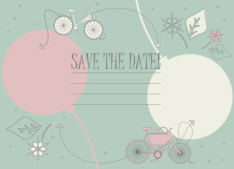 Save the date card with cute bicycles, balloons and flowers