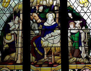 The Nativity (birth of Jesus) in stained glass